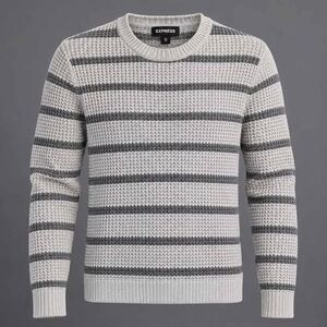 Express Men's Gray White Striped Waffle Knit Cotton Crewneck Sweater XS